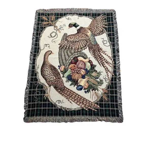 Vtg Tapestry Throw 52x68 Pheasant Cornucopia Harvest Cabin Lodge Fringe Blanket - Picture 13 of 13